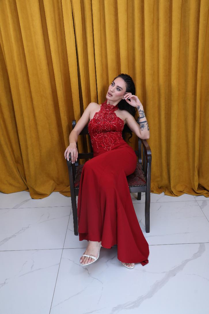 Bordo Halter Yaka Elbise